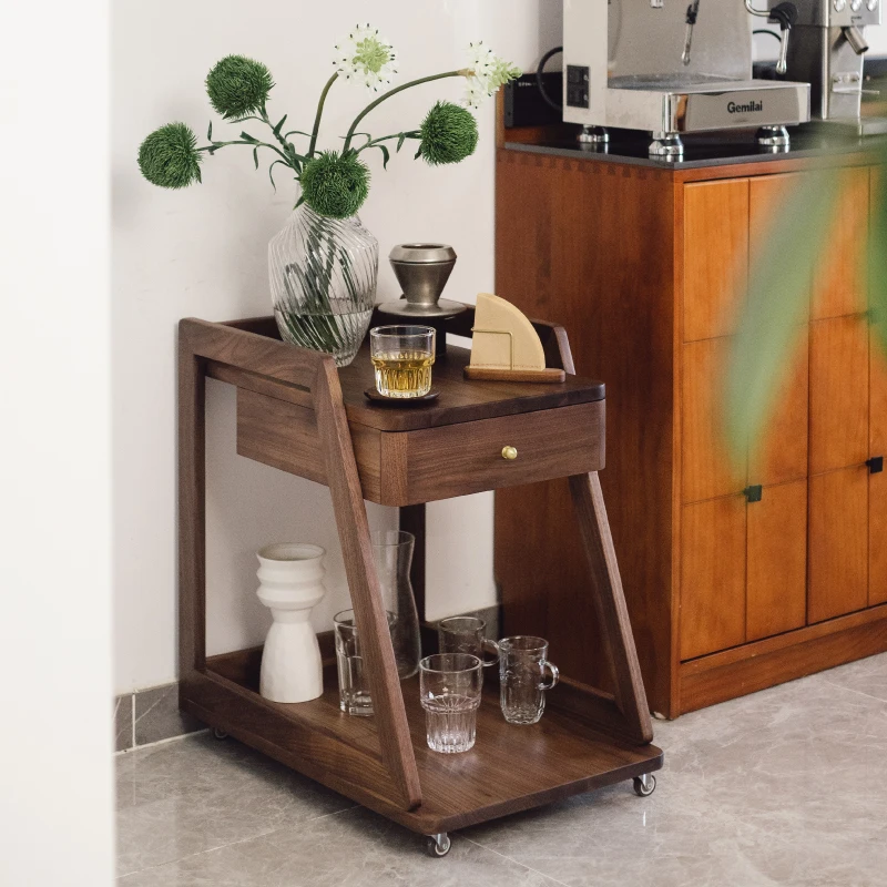 

All solid wood black walnut removable coffee table retro trolley living room sofa side storage corner table