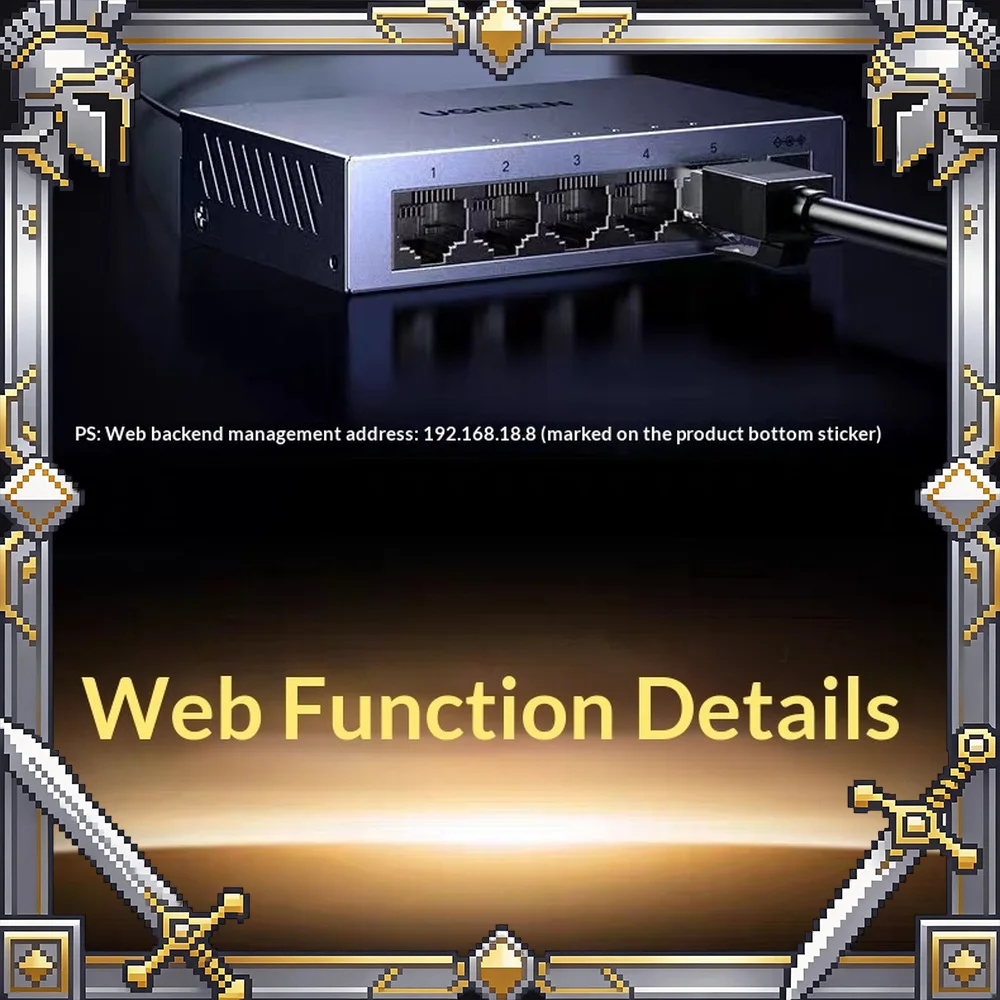 UGREEN 65956 CM933 5-Port Gigabit Ethernet Switch with Web Management VLAN Fanless Metal Housing.