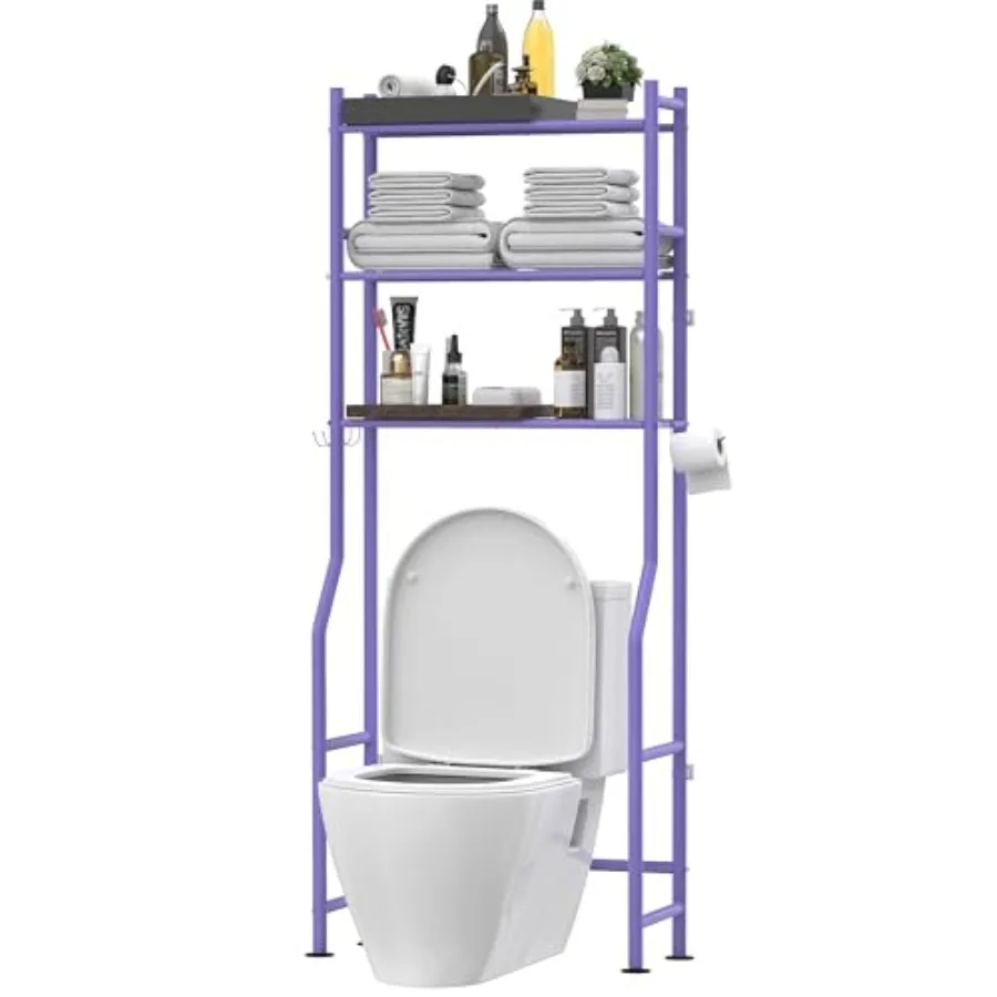 

3-Tier Over The Toilet Storage, Freestanding Metal Bathroom Shelves with 4 Hooks, Over Toilet Storage Shelf with Paper Holder,