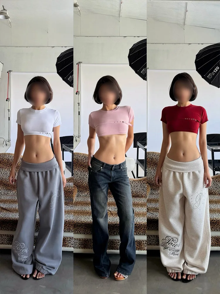 Y2K Women Crop Top Short‑Sleeve T‑Shirt With Buckle Strap Decor Slim Fitted Cropped Tee