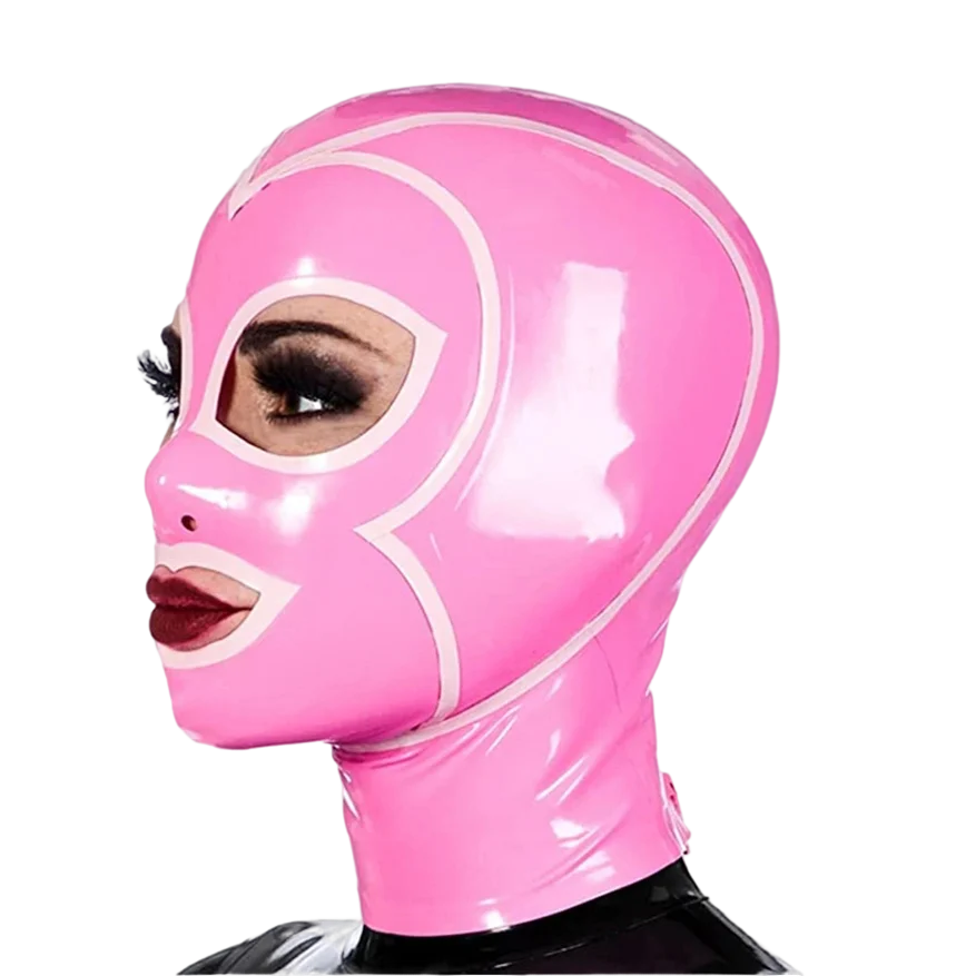 Sexy Pink and White Latex Gummi Hood Rubber Women Men Mask Custom Size Costume Handmade Headpiece RLM038