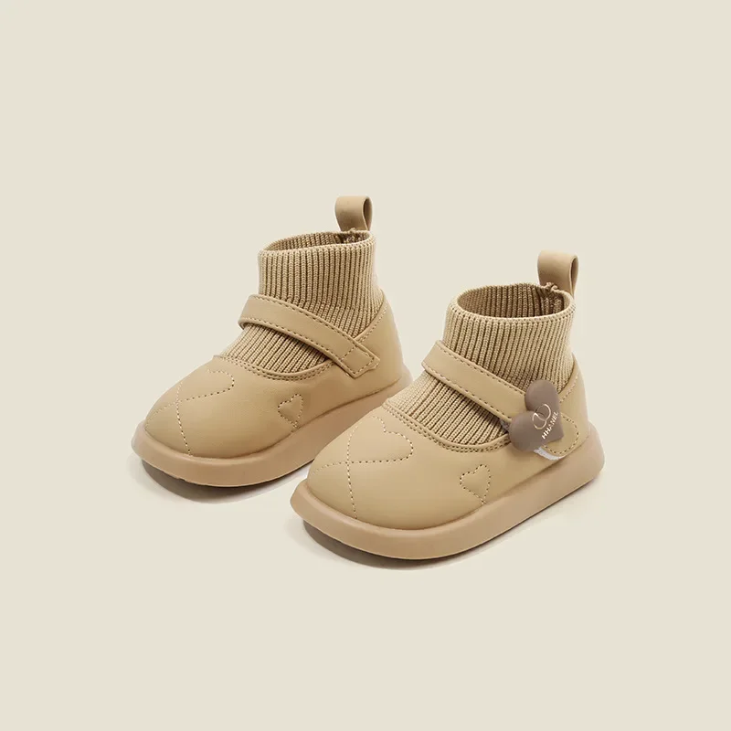 

Toddler Girls Autumn Winter Warm Sock Shoes Fleece Lined Flat Leather Baby First Walking Shoes