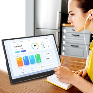 Person using tablet device displaying colorful graphs and charts, suggesting data analysis or financial planning application.