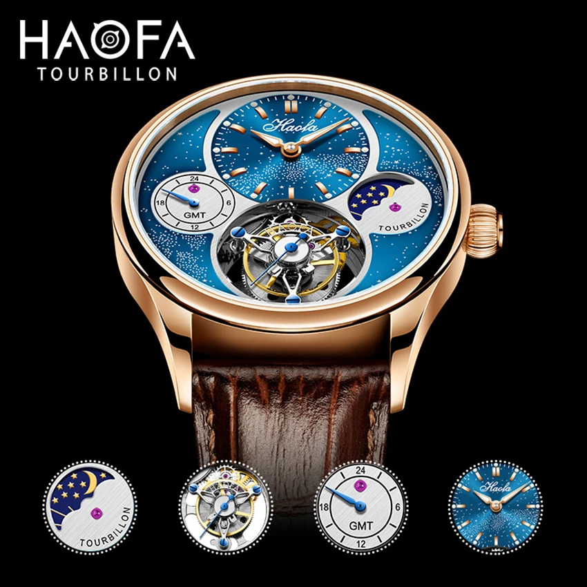 Haofa Luxury Starry Sky Tourbillon Watch for Men GMT Moonphase Sapphire Manual Mechanical Mens Wristwatches Casual Business 0618