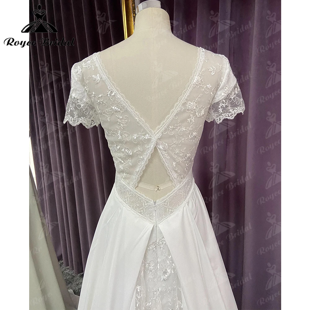 Boho Wedding Dress 2023 Bridal Elegant Chiffon V-Neck Sheer Short Sleeve Lace Appliques Floor-Length Female dress abiti da sposa