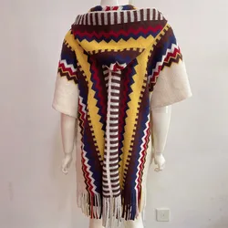 Spring Autumn Ponchos Women Knit Cardigans Tassels Shawl Boho Bat Type Nation Pattern Weave Hooded Sweater Cape Beige Cloak Coat