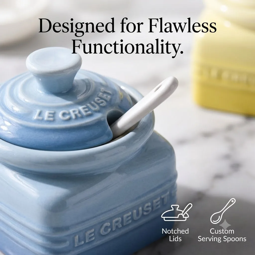 Le Creuset 3 Piece Stoneware Seasoning Pots With Spoons Tray Ceramic Condiment Jar For Kitchen Counter Accessories view 4