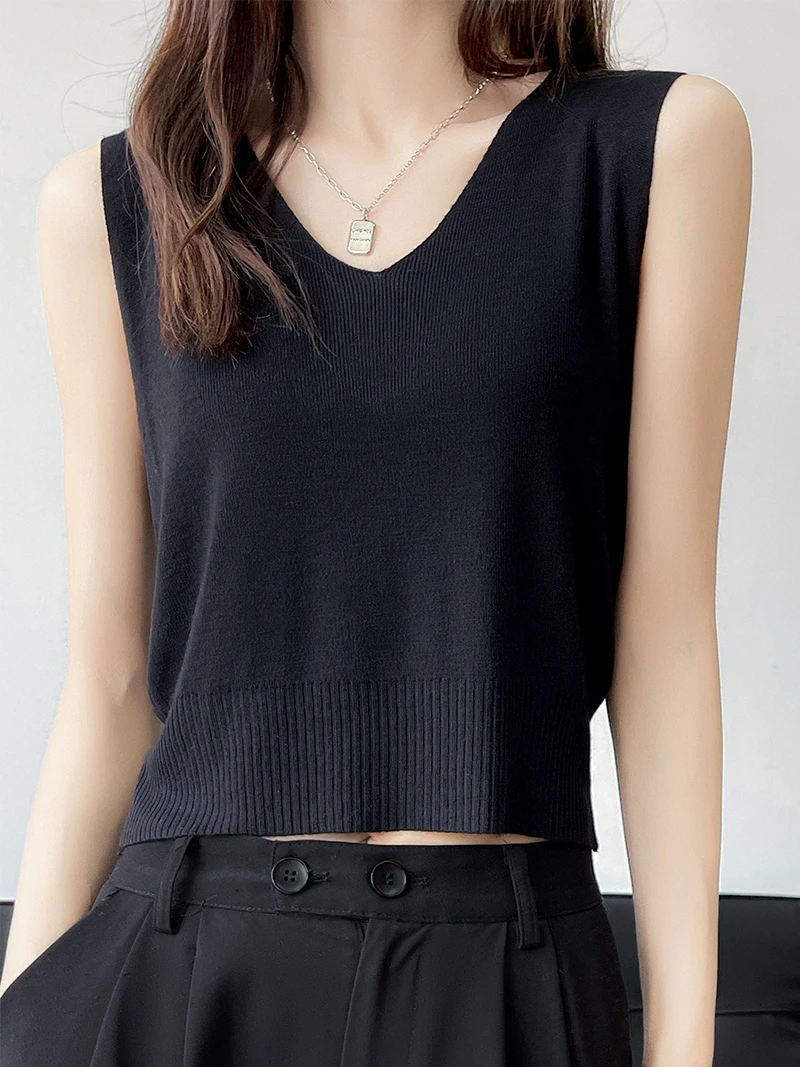

Ice Silk Knitted Strap Vest Short Style Sleeveless Slimming Top V-Neck Black White Suit Inner Wear Base Layer Women's Fashion