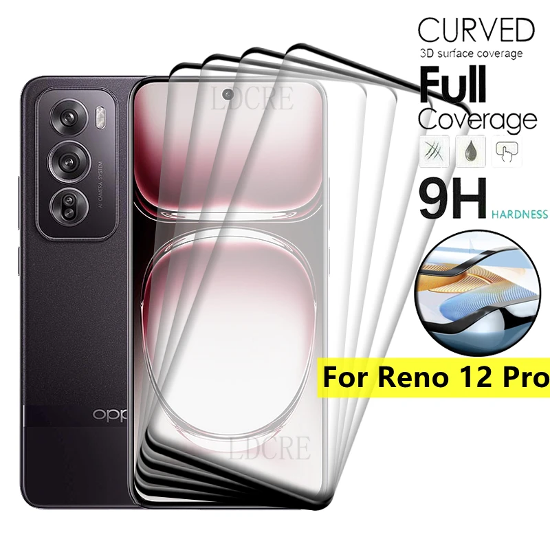 Cubierta completa de vidrio templado para móvil, protector de pantalla HD 9H para Reno 12 Pro, Reno12 OPPO, Reno 12 Pro, 4 piezas