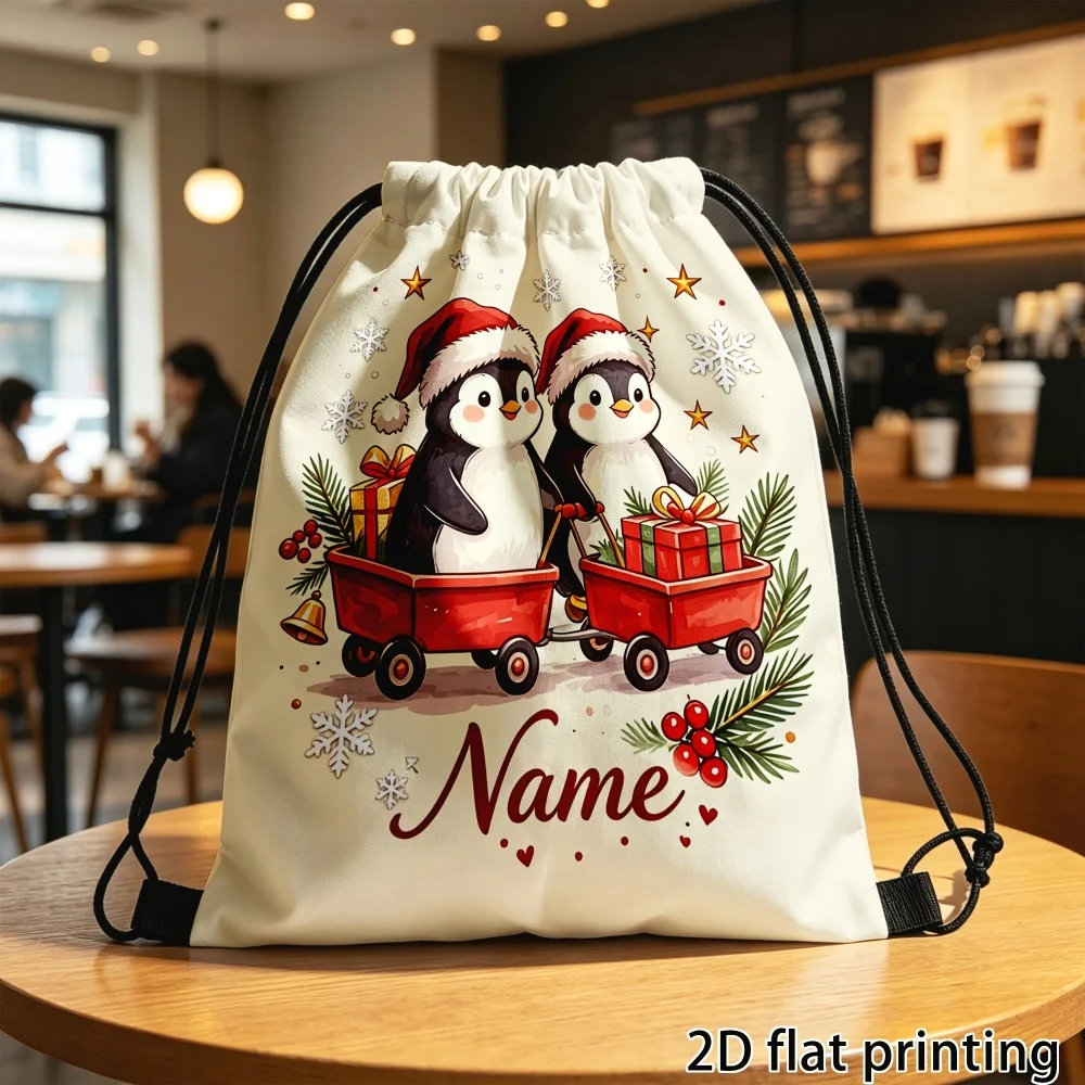 Custom Name Christmas Drawstring Backpack,Personalized Xmas Penguin Gift Cart Sack Bag,Lightweight Gift Sack for Present Storage