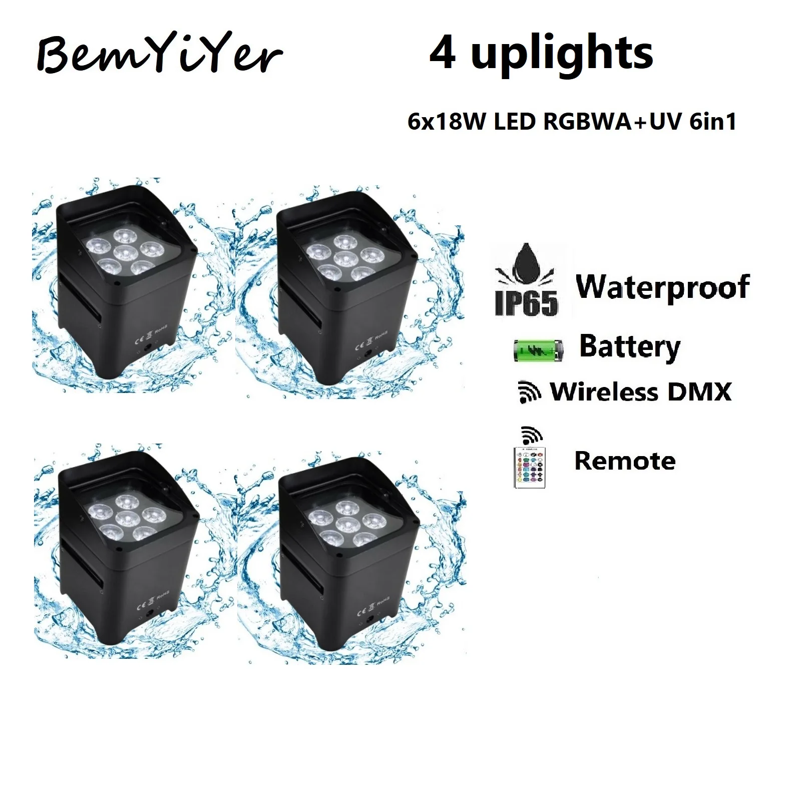 

BemYiYer, 4 упаковки, наружное приложение IP65, Wi-Fi, 6x18 Вт, аккумулятор, беспроводная DMX, ИК-светодиодная сумка Par Uplights/RGBWA + UV 6in1, для DJ-вечеринки, свадьбы
