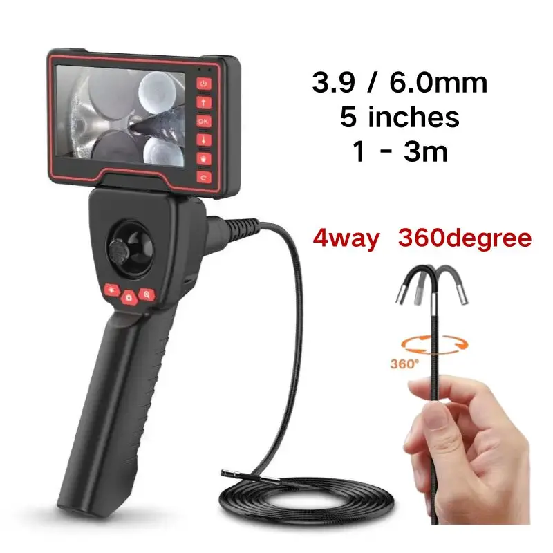 New 360° Steering Endoscope Camera 3.9/6.0mm 4 Way 5 Inch 1080P HD Screen for Car Sewer Inspection with 32G Memory Card