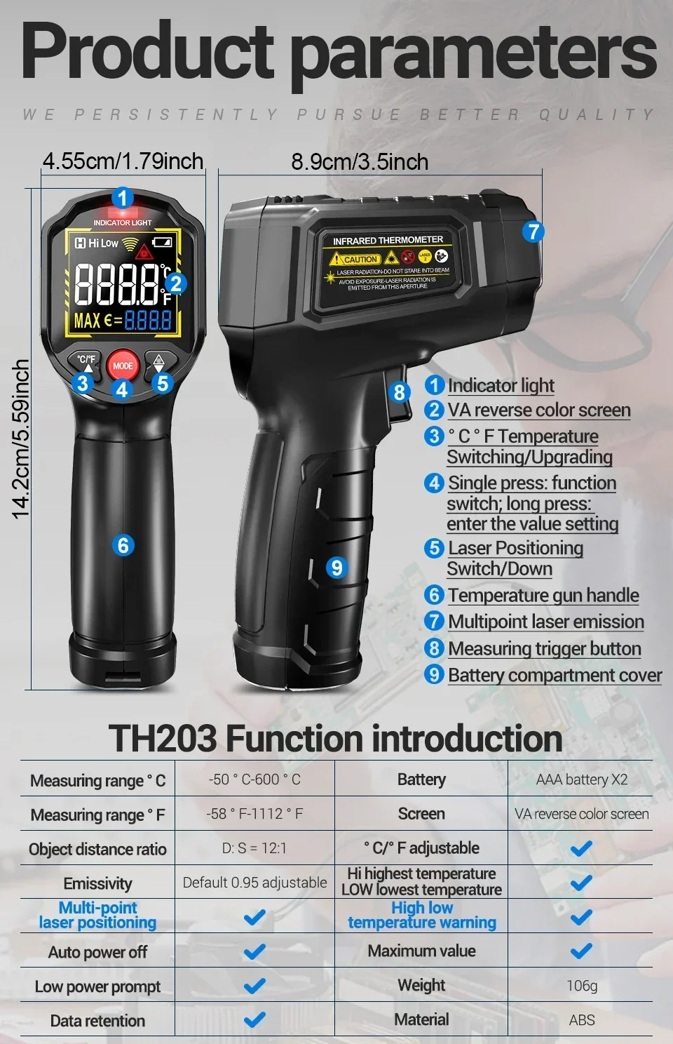 ANENG TH203 Digitales Infrarot-Thermometer -50~600°C ℃ Temperaturmessgerät, berührungsloses Pyrometer, Tester, IR-Hygrometer, Industriewerkzeug – Detail 10