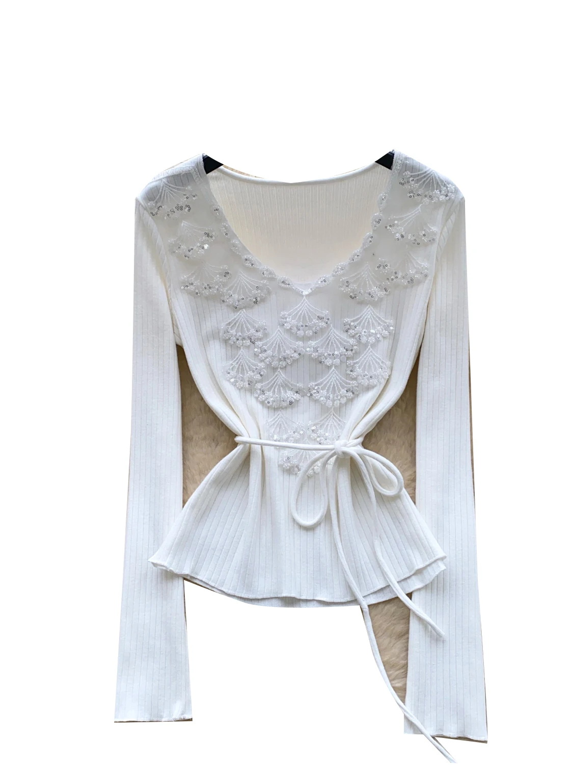 Ele V-ne Long Sve Knitted Top with Embroidery Belted Waist And Bow Design Women's Slim Fit Faion French Sle