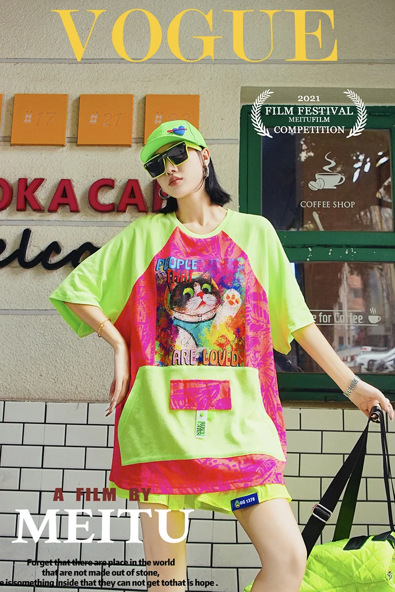 Spring Summer 2024 Fluorescent Green Contrast Color Colorful Letter Cat Fashion Brand Casual Loose Short Sleeves T-shirt Women