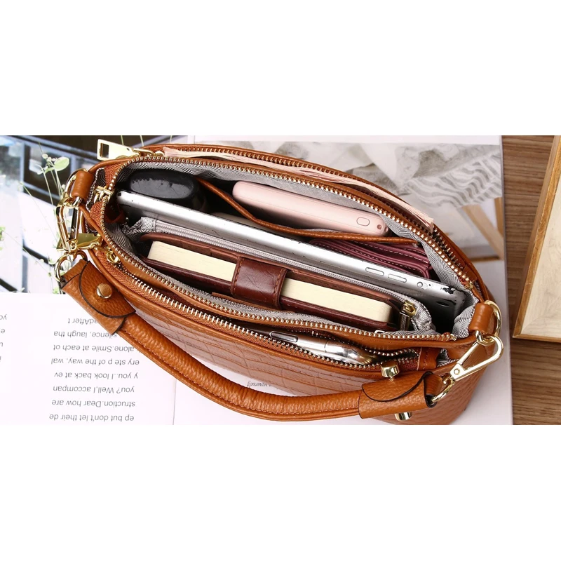 100% Genuine Leather, 3 Compartments, Fashion Shell Handbag,Nature Skin Shoulder Messenger Bag, Women Leather Crossbody Bag,R001