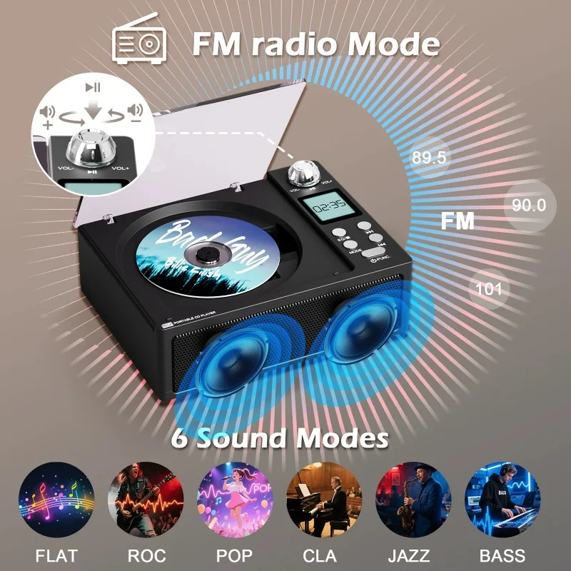 مشغل أقراص مضغوطة هاي فاي، مشغل ألبوم موسيقى، مشغل قرص ريترو، راديو FM، محرك USB، بطاقة TF، مكبر صوت بلوتوث لاسلكي مع مدخل سماعة الأذن