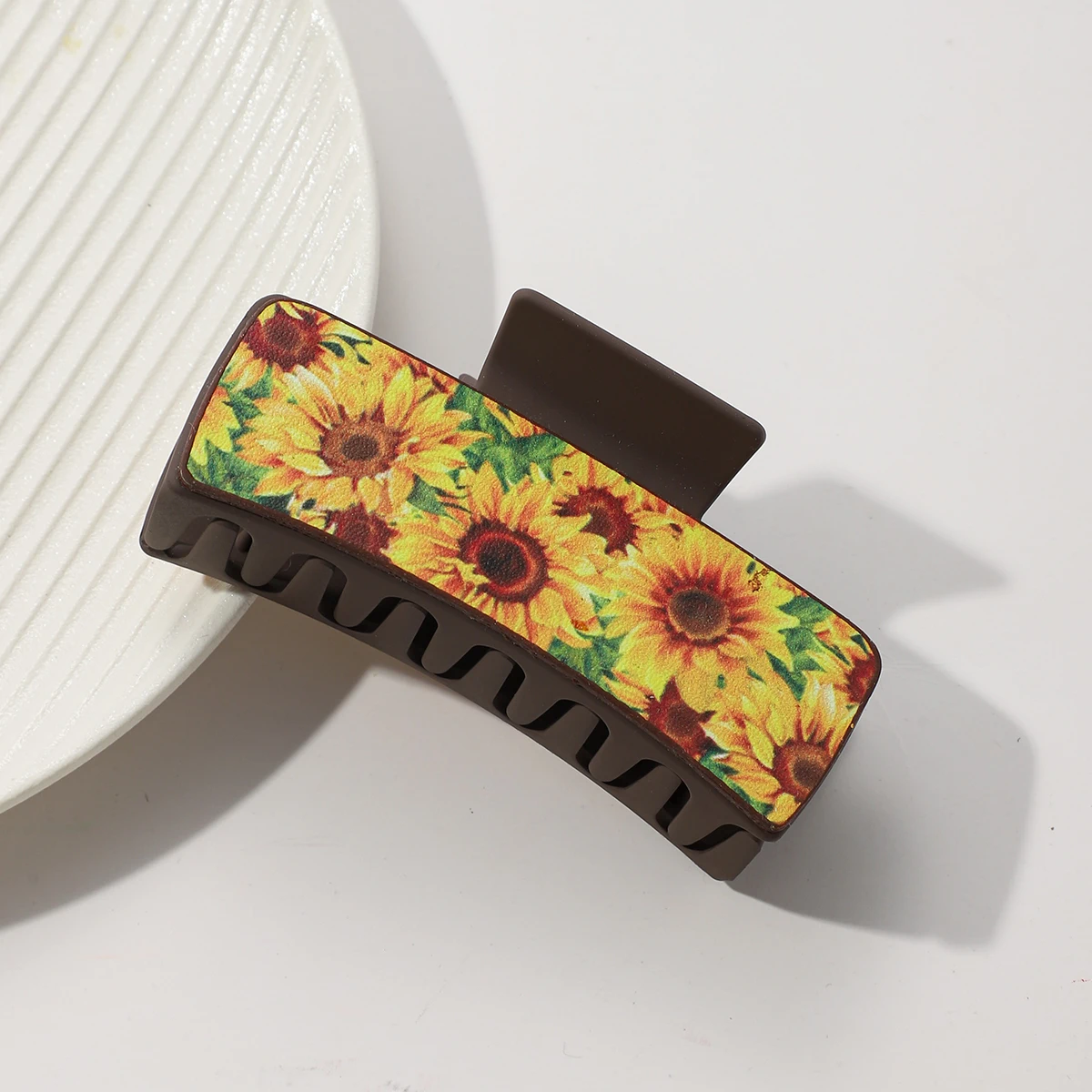 Western หนังผม Claw คลิปดอกทานตะวันดอกไม้ Square Claw คลิปสําหรับ Hairstyling Southwest พิมพ์ PU หนังอุปกรณ์เสริมผม