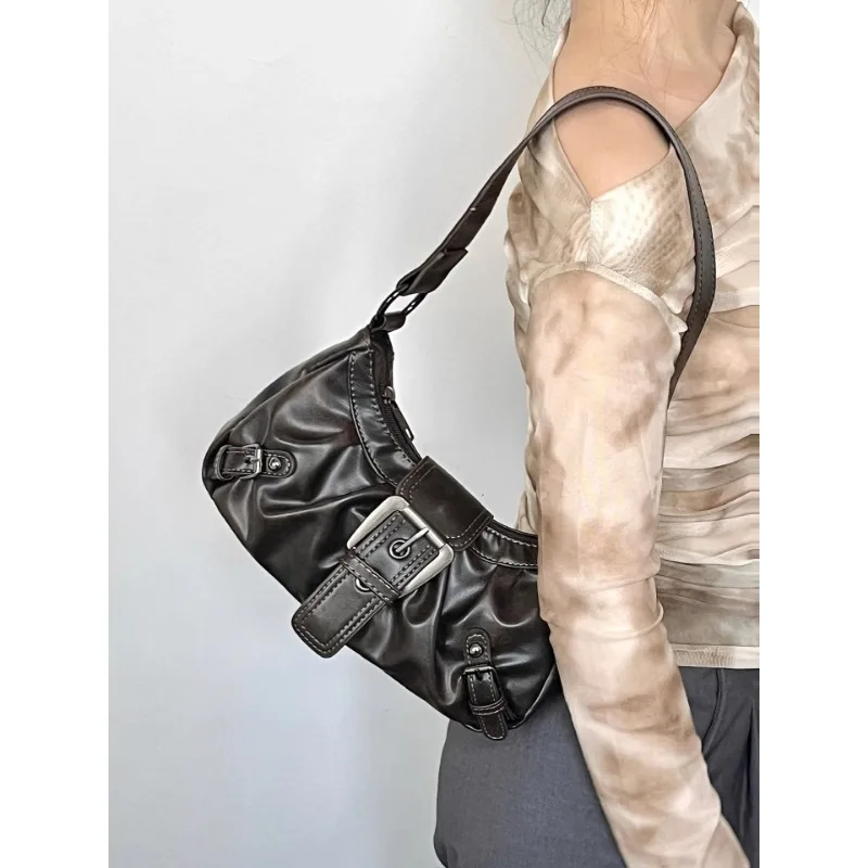

Y2K Retro Style Shoulder Bag, Maillard Pleated Rivet Armpit Bag, Fashionable Ladies Cool Leather Shoulder Bag