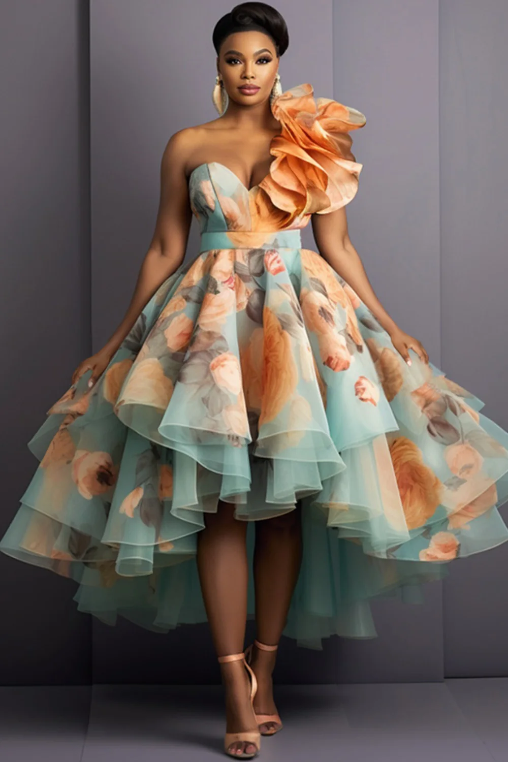 

Plus Size Formal Multicolor Elegant Floral One Shoulder Ruffle High Low Hem Tulle Maxi Dresses