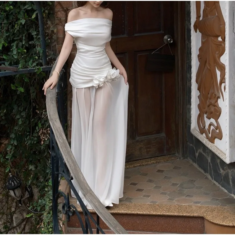 

2025 Fashion Summer New Pure Desire White One-shoulder Bandeau Mesh Long Dress for Women