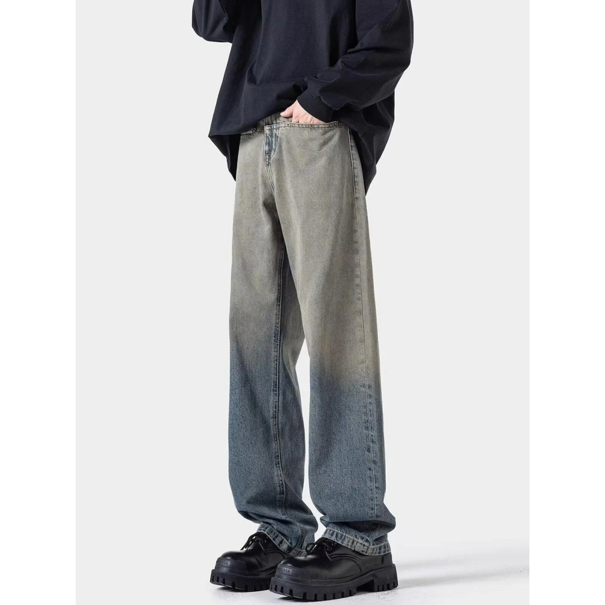 

American Washed Gradient Men's Jeans Loose Casual Long Trousers High Street Small Popular Wide Leg Straight Tube Pants