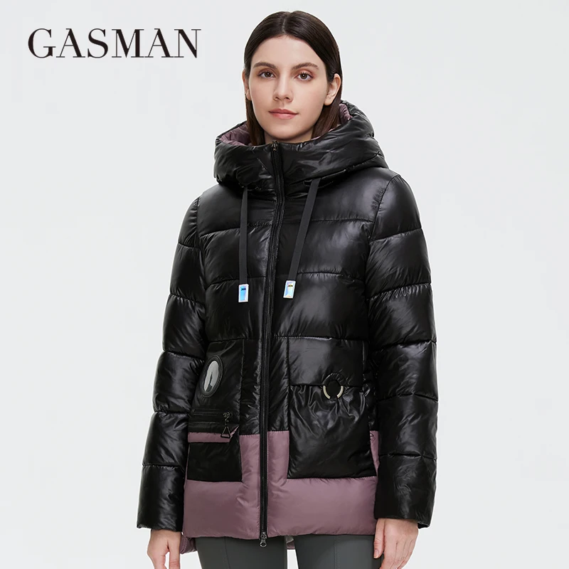 GASMAN 2022 Women's Winter Jackets Short Stand-up collar Hooded Down Jacket Female Fashion Stitching color Pocket Parkas 81058