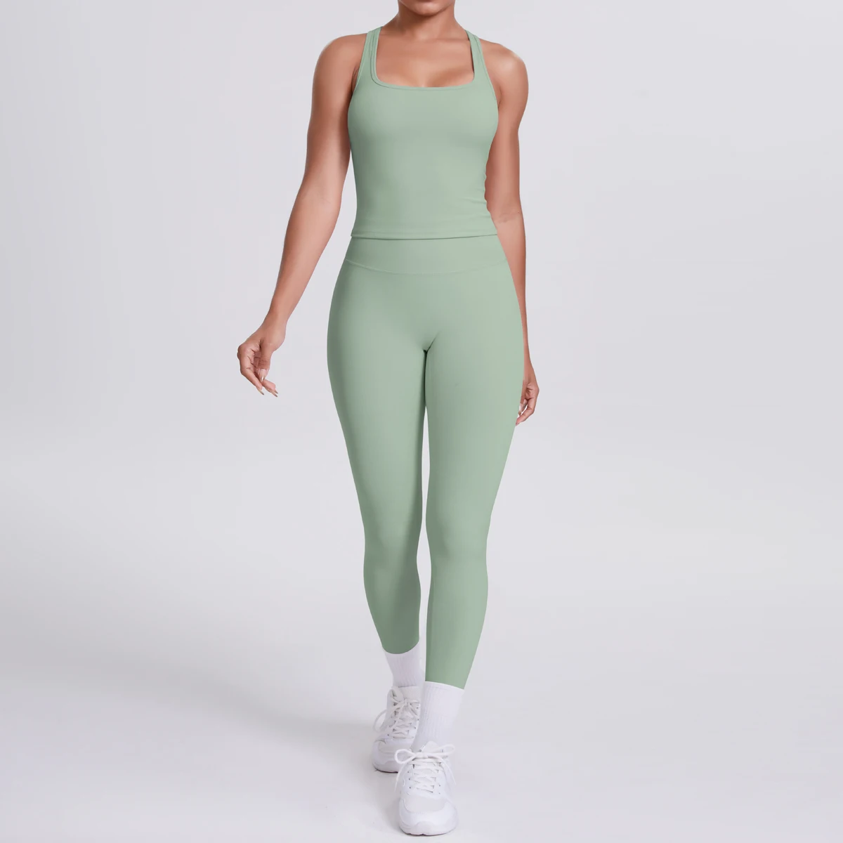 Hamidou 2-teiliges Damen-Yoga-Set, schnell trocknende, hüftformende Fitnesshose, Yoga-Leggings, einfarbig, Gym, schöner Rücken, I-förmige Weste – Detail 26