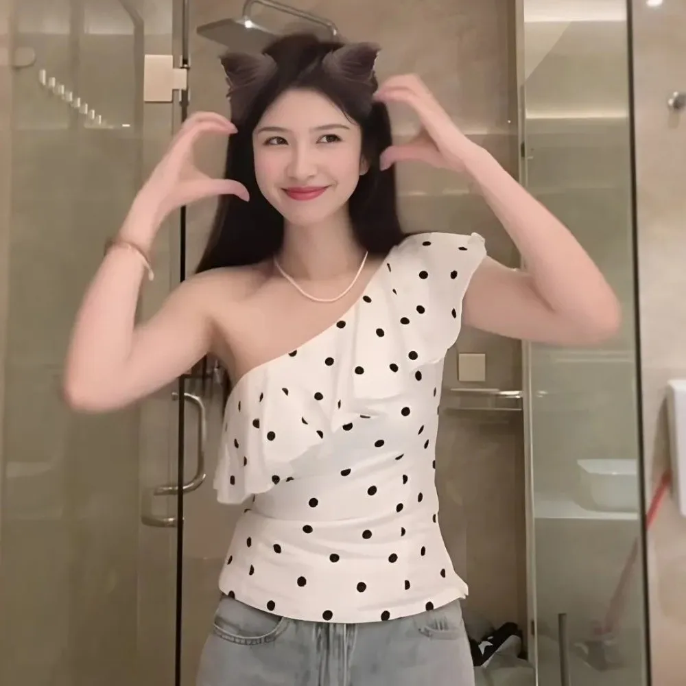 Dots Dot Pattern Ruffle Vest Asymmetric Shoulders Streetwear Slim Fit Crop Tops Korean Y2K Ins Pleated Collar Ruffle Shirt Tops