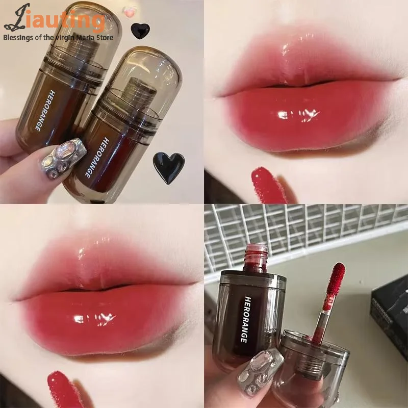 Herorange preto espelho brilho labial duradouro aquoso lábio esmalte translúcido marrom escuro vermelho batom líquido feminino beleza cosméticos labiais