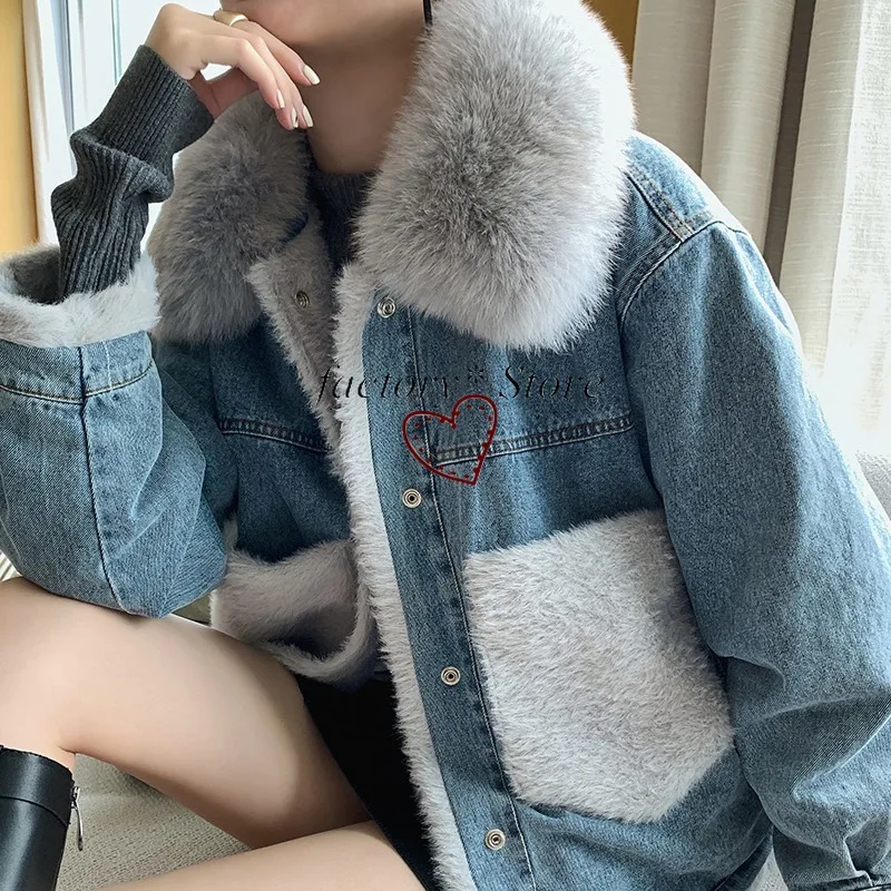 

Denim Jacket Plus Velvet Women's Real Fox Fur Big Fur Collar Winter New Korean Style Loose Short Plush