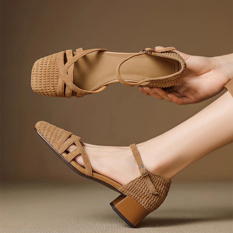 Retro Weave High Heel Sandals Women 2025 Summer Square Toe Ankle Strap Beach Shoes Roman Closed Toe Square Heels Casual Shoes