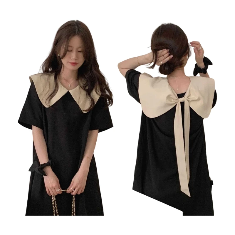 GkyocQ Korean Popular Women's Clothes Short Sleeve Doll Collar Back Strap Knot Small Size Shoujo Dress A-Line Dress