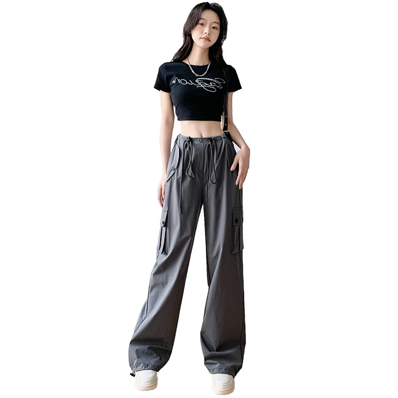 

Осень 2024, новые модные американские женские однотонные повседневные брюки с высокой талией, модные прямые широкие спортивные брюки, женская одежда