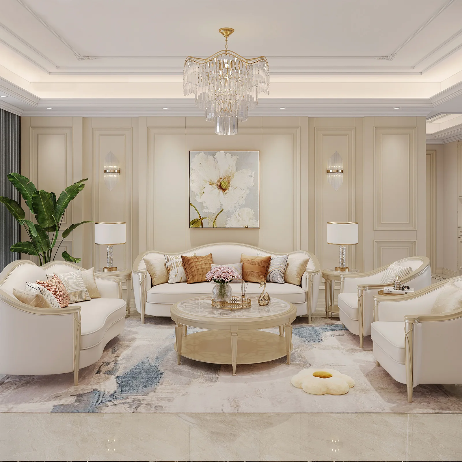 

American Elegant Luxury Cream Wind Arc Solid Wood European Sofa Leather Combination Furniture Modern Simple Living Room Villa