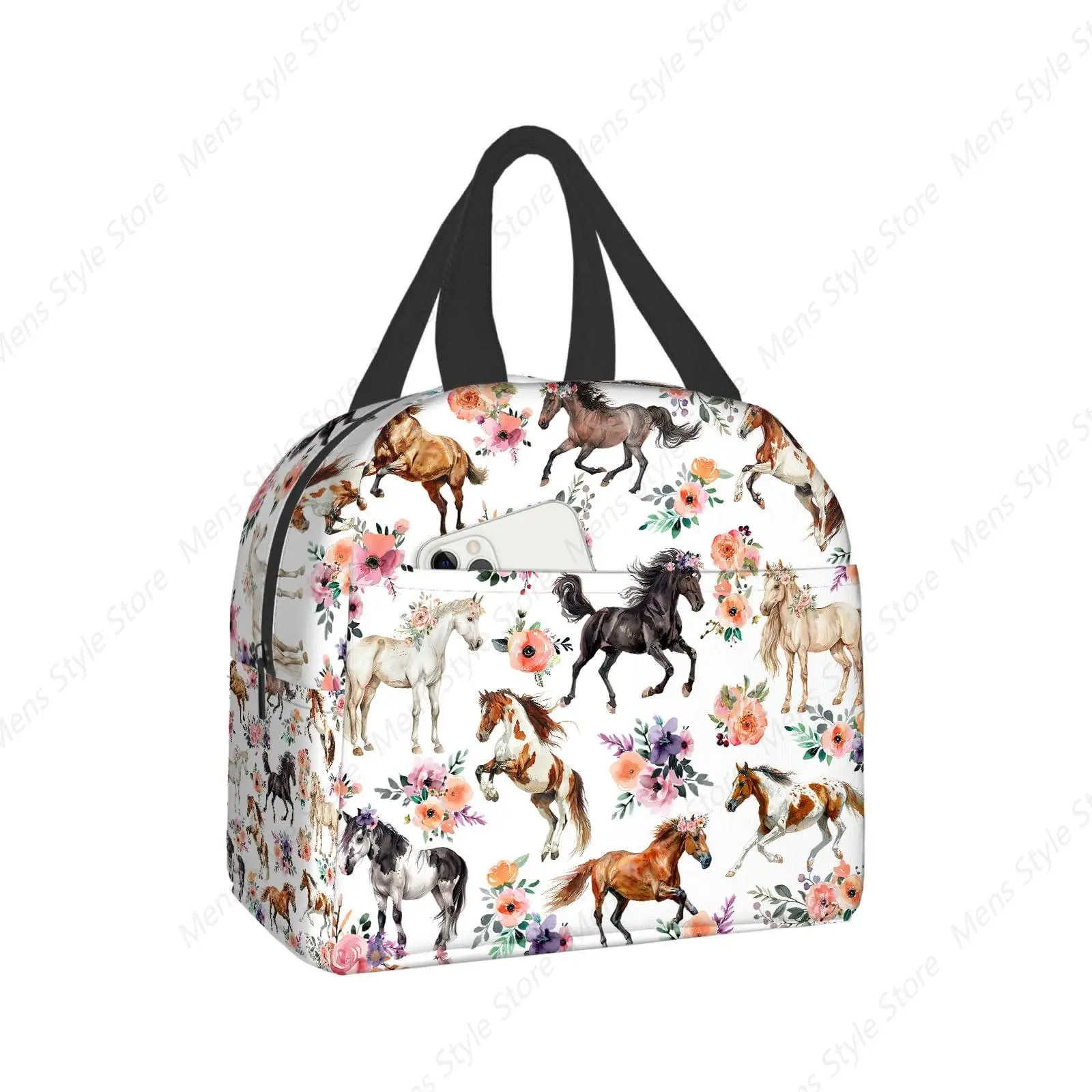 Floral Horse Lunch Bag  Insulated Reusable Tote  Large Capacity Lunch Box for Work  Leakproof Cooler   for Office Picnic Travel