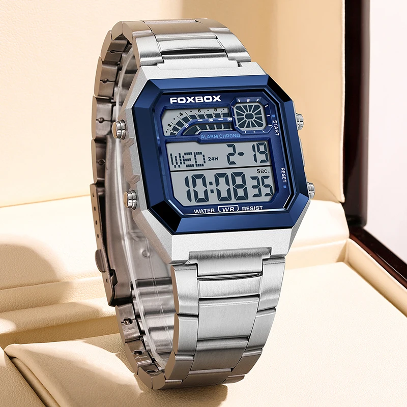 ساعات FOXBOX Fashion Square الرقمية للرجال رياضية عسكرية مقاومة للماء كوارتز للرجال كرونوغراف من الفولاذ المقاوم للصدأ