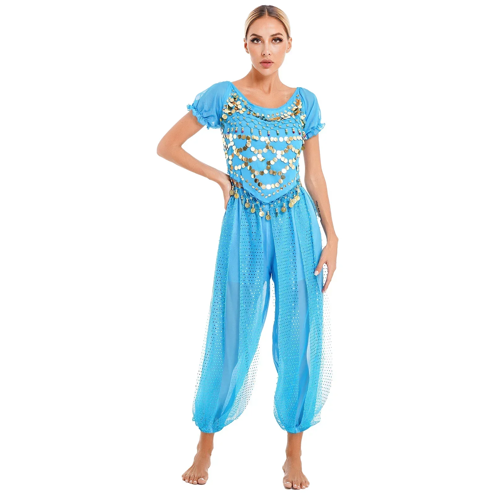 

Womens Adult Belly Dance Costume Shiny Sequin Coins Beaded Tassel Bollywood India Arabian Bellydance Tops Pants Suit Dancewear