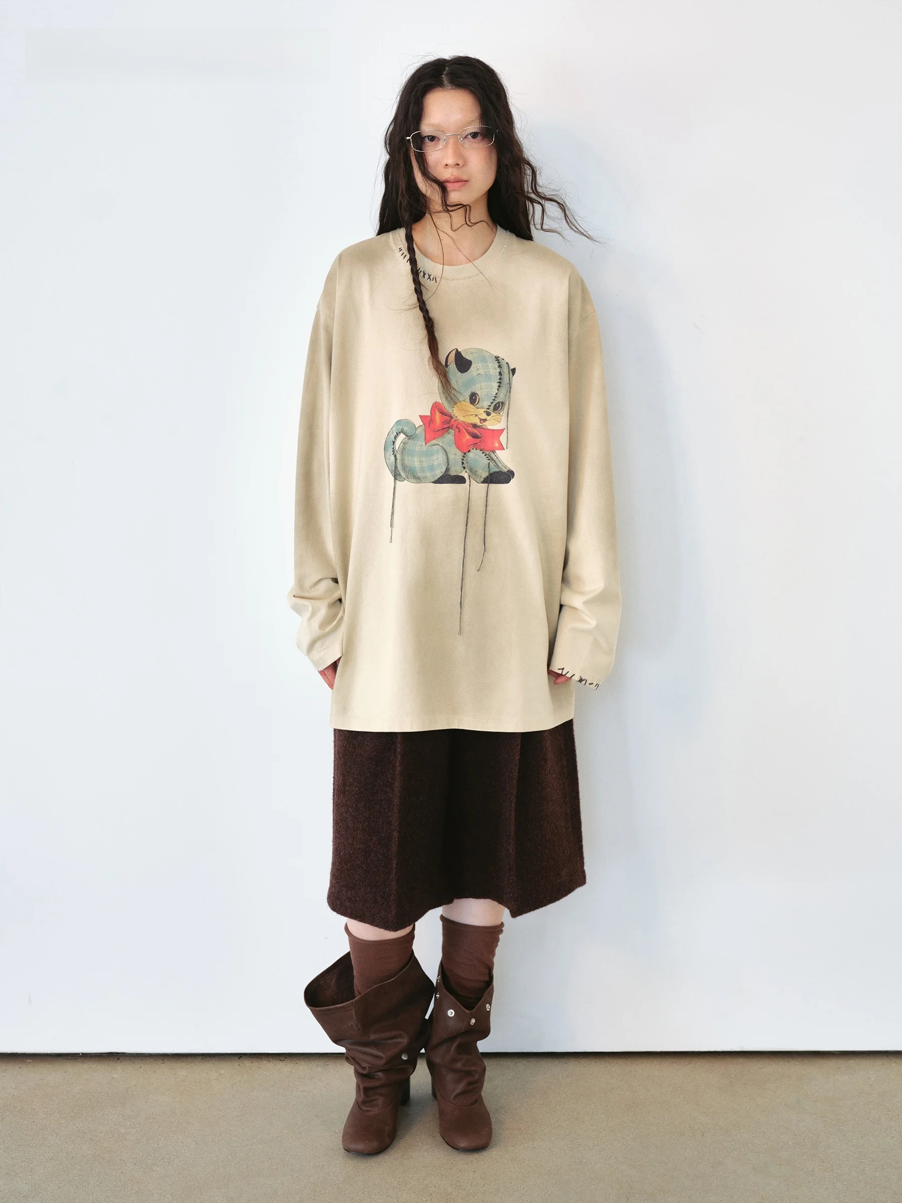 VERMO  Doll T-Shirt Hand-Sewn Fringe Line Worn-look Print Loose Long Sleeve Cotton round Neck Unisex Winter Fashion