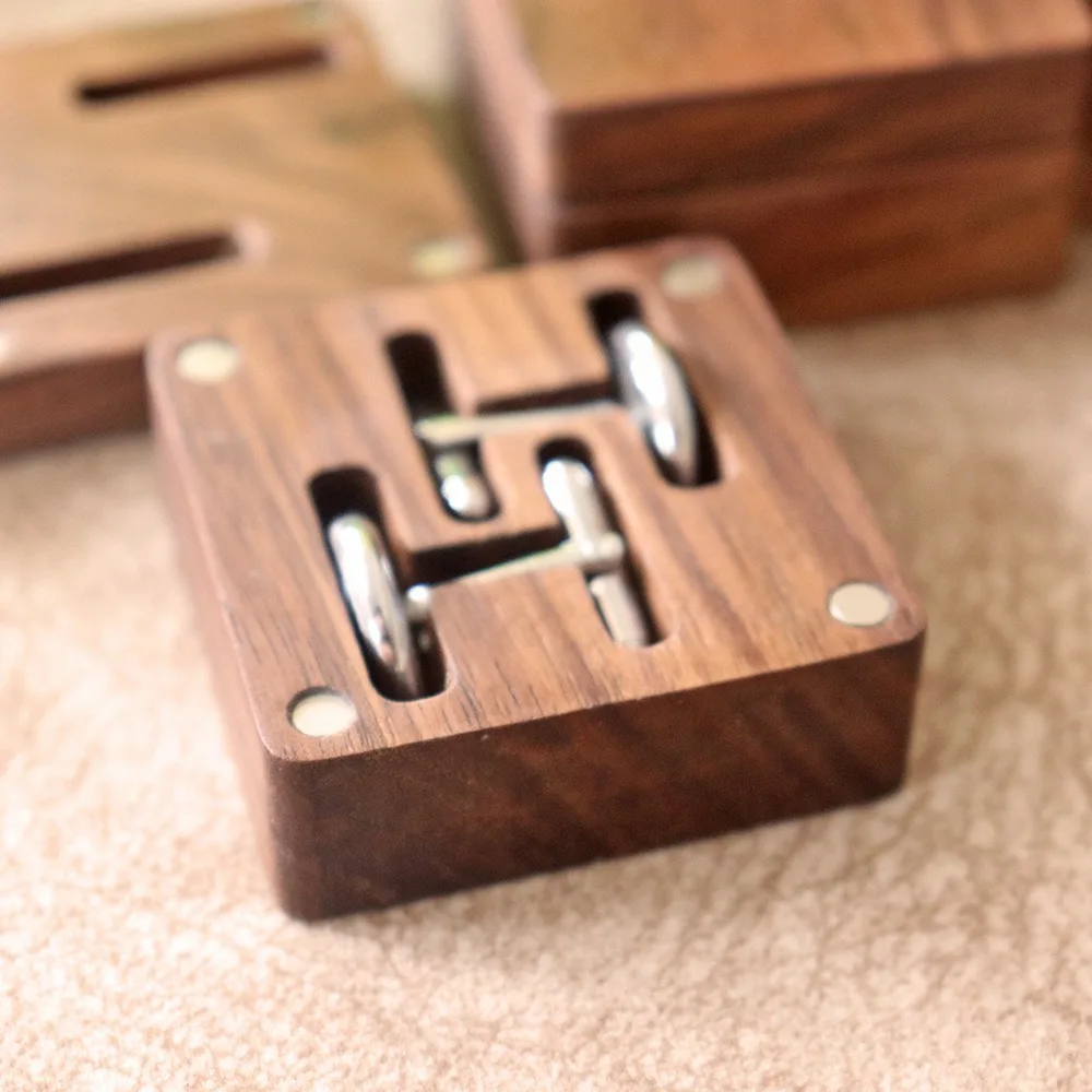 4pcs Creativity Magnetic Suction Cufflink Packaging Box Carve Walnut Wood Ornaments Storage Box Birthday Party Button Gift Box