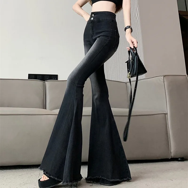 2000S Clothes Y2K Fashion Vintage Black Slim Stretch Flared Jeans Pants For Women High Waist Streetwear Punk Dress Lady Trousers