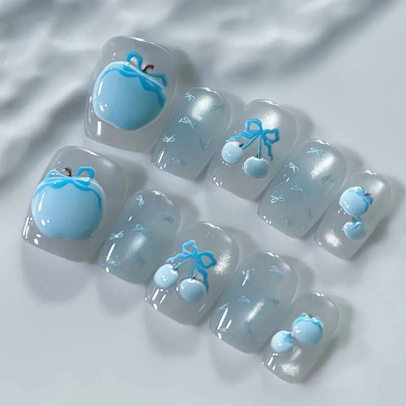 10Pcs French Cute Sky Blue Ice Crystal Apple with Cat's Eye Press on Nails Short Style Finger Princess Waterproof Fake Nails
