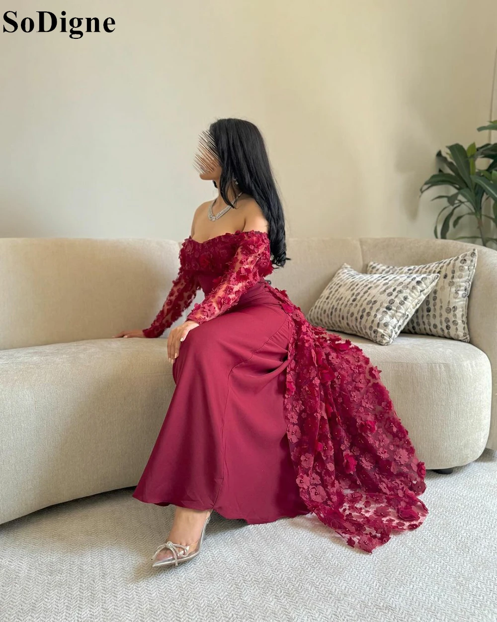 SoDigne Elegant Burgundy Evening Dresses Floral Appliques Flowers Mermaid Draped Party Dress 2024 Exquisite Prom Gowns for Women