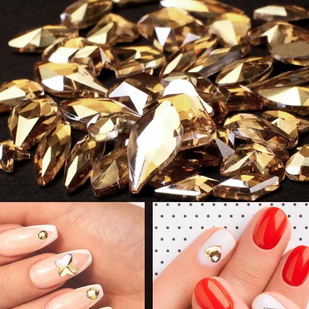 เพชรตกแต่งเล็บ 12 ช่อง สีแชมเปญ แบบกระจก ผสมเพชรกลมและเหลี่ยม ประกายระยิบระยับ รูปหัวใจ ดาว คริสตัล
