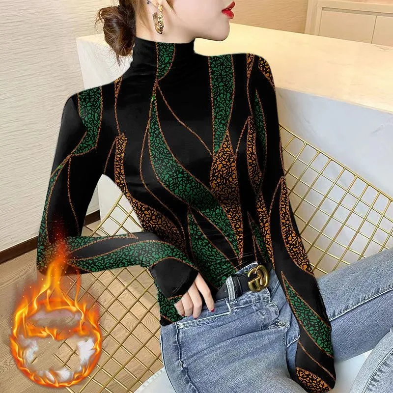 Women's Pullover Half High Neck Bottom Shirt Women's Autumn and Winter New Fashion Printing Stripe Long Sleeve T-shirt Slim Tops