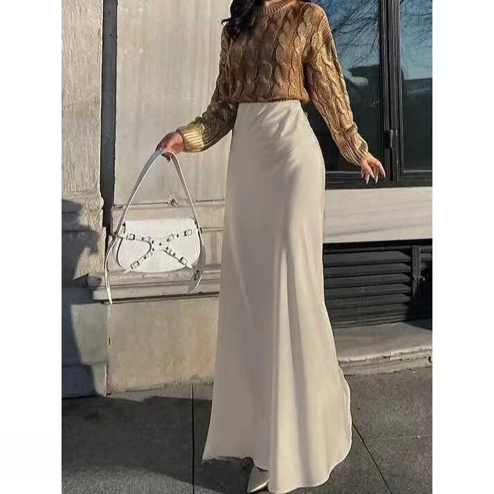 

Ele Атласная юбка с высокой талией Модная юбка-миди Сексуальная юбка трапециевидной формы с силуэтом цвета Pure Ele Юбка с высокой талией