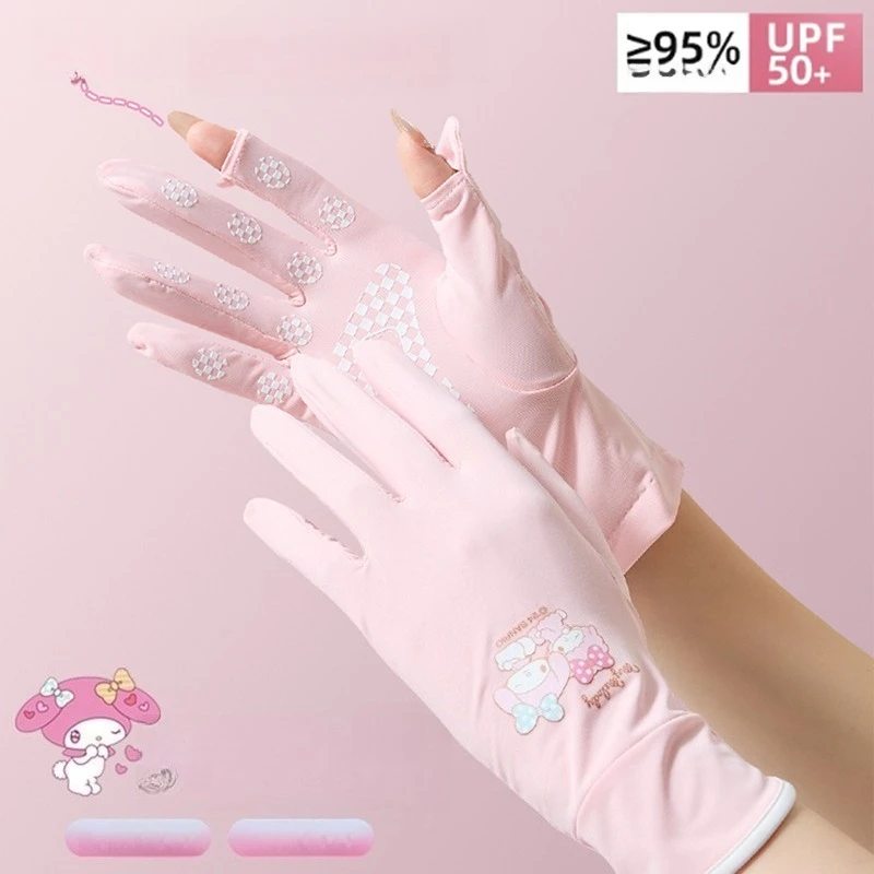Miniso 日焼け止め、大人用手袋、指露出、タッチスクリーン、アイスシルク、通気性、夏 サンリオは自転車に乗る