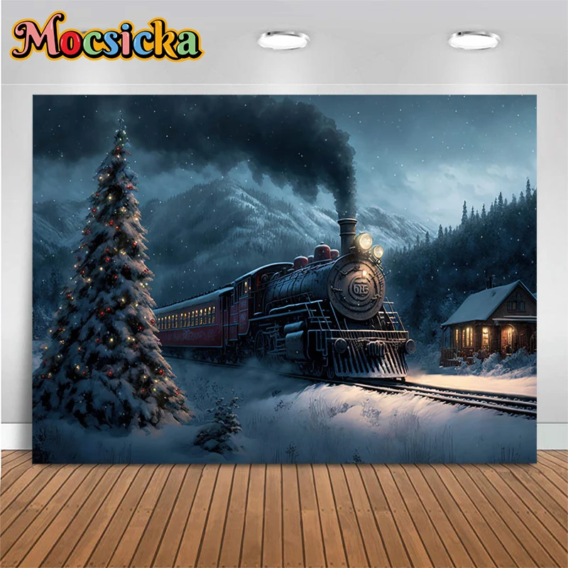 

Mocsicka Christmas Tree Snow Scenery Decoration Background Winter Retro House Prop Rail Trains Light Backdrop Studio Photobooth