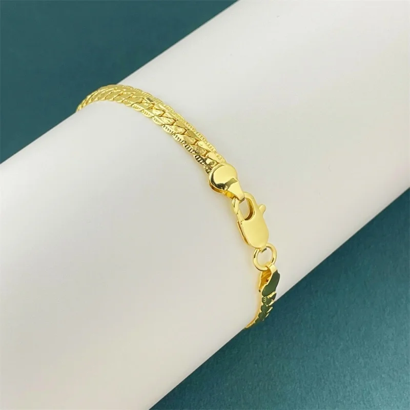 Браслет из стерлингового серебра 925 пробы с позолотой 18K, 5 мм, с тиснением — модный аксессуар для мужчин и женщин, очаровательный, идеальный подарок на свадьбу и украшение.