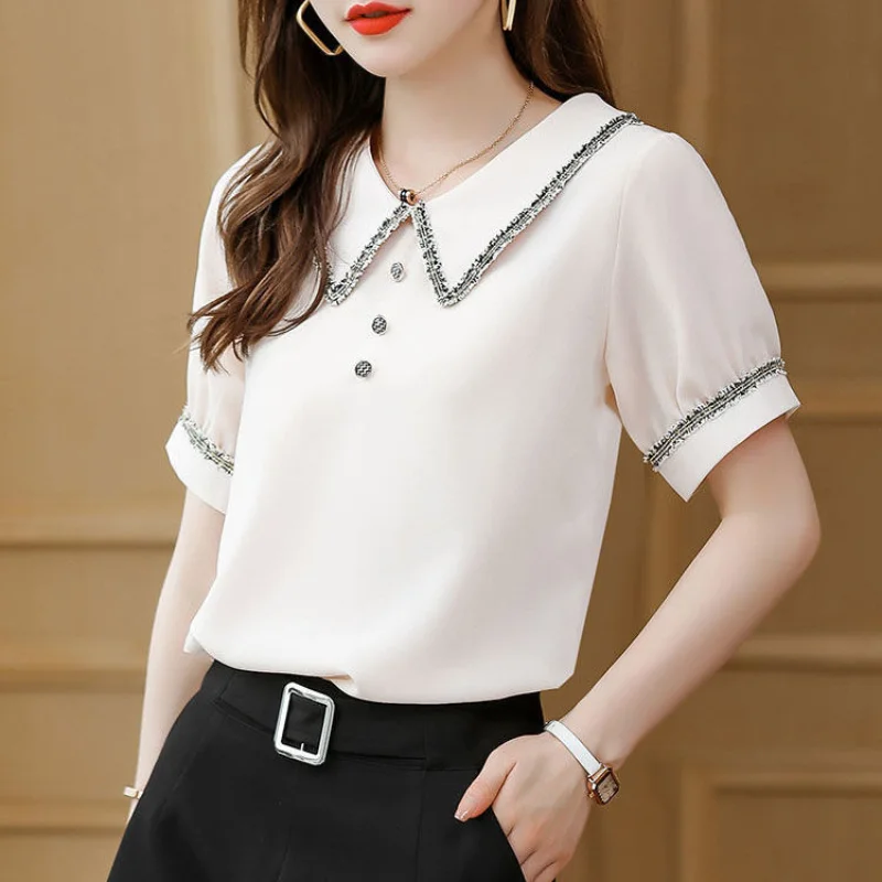 Top for Woman Office Outfits Clothing Black Women\'s Shirts and Blouses Chiffon Wear To Work Formal Collar Short Sleeve New 2024